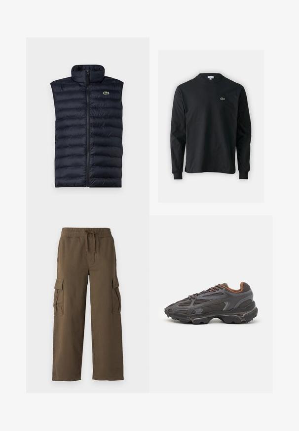 Navy puffer vest with high collar, front zipper, and horizontal quilted pattern. Features a small green logo on the upper left side.; Black long-sleeve t-shirt made of cotton, featuring a round neckline and a small green embroidered crocodile logo on the left chest.; Cargo pants with an elastic waistband, drawstring, and two side pockets. Made from a soft brown fabric with a relaxed, wide-leg design.; Lacoste sneakers in dark gray with mesh and synthetic material, featuring a textured sole and brown accents on the collar and branding.