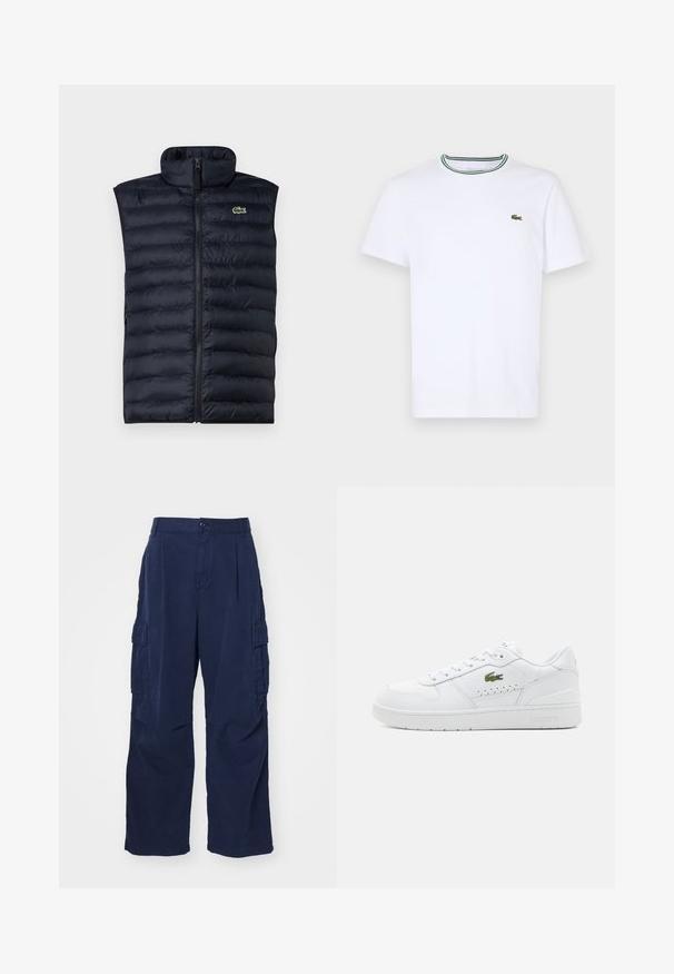Granatowa kamizelka puchowa z wysokim kołnierzem, zamek błyskawiczny z przodu i poziomym pikowaniem. Posiada małe zielone logo na górnej lewej stronie.; Biała bawełniana koszulka T-shirt z krótkim rękawem i prążkowanym kołnierzykiem, ozdobiona zielonymi i czarnymi paskami; małe zielone haftowane logo po lewej stronie klatki piersiowej.; Granatowe spodnie cargo wykonane z bawełny o luźnym kroju. Posiadają dwie boczne kieszenie oraz zapięcie na guzik w talii. Gładka tekstura i proste nogawki.; Białe skórzane sneakersy z perforowanymi akcentami, płaskimi sznurowadłami i małym zielonym logo z boku. Gumowa podeszwa i wyściełany kołnierz dla wygody.