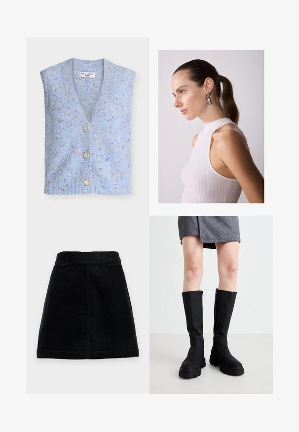 Colete azul claro de malha com decote em V, quatro botões e tecido texturizado com pontos multicoloridos distribuídos por toda a peça.; T-shirt branco de manga curta com decote redondo, corte relaxado, feito de tecido de algodão macio. Textura suave, sem padrões ou logos.; Sá cãrdia preta com cintura ajustada, corte reto e tecido texturizado com nervuras verticais. Sem fechos ou embellishments visíveis.; Botas pretas até ao joelho com um acabamento liso, solas grossas e um fecho lateral subtil. Combinadas de forma estilosa com uma saia cinza em padrão espinha de peixe.; Brincos de gota prateados com acentos arredondados, apresentados numa modelo que usa uma blusa sem mangas branca com nervuras, destacando uma textura suave.