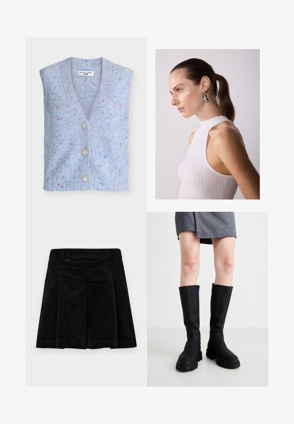 Šviesiai mėlynas mezgintas liemenė su V formos iškirpte, keturiais mygtukais ir tekstūruota medžiaga su įvairiaspalviais taškeliais visame paviršiuje.; Balta trumpų rankovių marškinėliai su apvalia iškirpte, laisvo kirpimo, pagaminti iš minkštos medvilnės. Lygi tekstūra, be raštų ar logotipų.; Juodas kordūrinių medžiagų sijonas, su klostuotu dizainu, tiesiu kirpimu, tekstūruota paviršiumi ir juosme, užtikrinančia patogų prigludimą.; Juodos iki kelių siekiančios botai su lygia apdaila, masyviais padu ir subtiliu šoninimu. Stilingai derinami su pilku zigzago rašto sijonu.; Sidabriniai ašarų formos auskarai su apvaliais akcentais, uždėti ant modelio, vilkinčio baltą grublėtą be rankovių marškinėlį, kuriame puikiai atsispindi glotnumas.