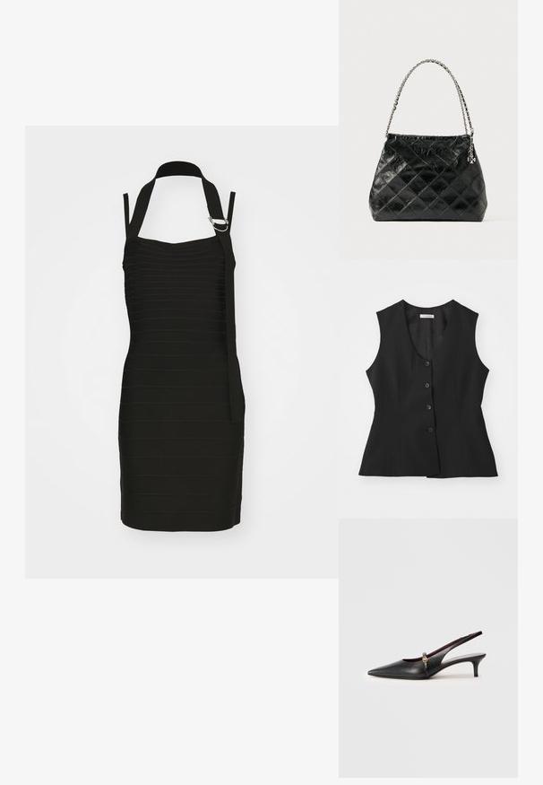 Juodas be rankovių liemenė su giliu V formos iškirpimu, penkių sagų uždarymu, pritaikyta forma ir lygiu audiniu. Paprastas dizainas be papildomų raštų.; Juoda suknelė su horizontaliomis klostėmis, halter tipo dekoltė ir šoninė petneša su sidabriniu akcentu. Trumpa, prigludusi siluetas.; Juodas odinis slingback stiletas su smailiu pirštu, plonu kulnu ir auksine detale šalia kulkšnies dirželio. Lygus paviršius ir paprastas dizainas.; Juoda pūsta odinė rankinė su sidabrine grandinėlės rankena, pasižyminti struktūruotu dizainu ir lygiu paviršiumi.