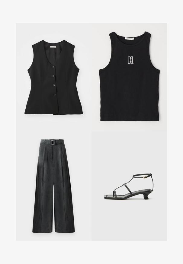 Juodas be rankovių liemenė su giliu V formos iškirpimu, penkių sagų uždarymu, pritaikyta forma ir lygiu audiniu. Paprastas dizainas be papildomų raštų.; Juodas raštuotas lieknas marškinėliai su apvalia iškirpte ir balta siuvinėta logotipu. Medžiaga yra glotni su pritaikytu siluetu.; Platus kojų kelnes tamsiai pilkos spalvos, su lygiu paviršiumi, klostėmis ir diržu su sidabriniu sagtimi aukšto liemens.; Juodas odinis sandalai su kvadratiniu pirštu, plonomis dirželiais, reguliuojamu kulkšnies dirželiu ir žemu kulnu. Yra nedidelis aukso akcentas ant dirželio.