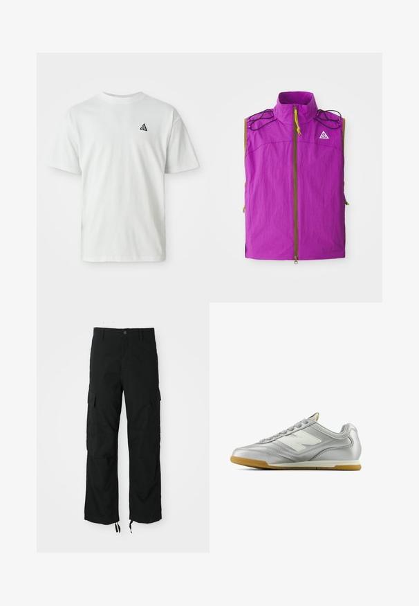Violets bez piedurknēm veste ar augstu apkakli, priekšējo rāvējslēdzēju, melniem virvju elementiem uz pleciem un mazu baltu trīsstūra logo uz krūšu.; Balts īsās piedurknes T-krekls ar mazu melnu trīsstūra logotipu, kurā ir "acg", uz kreisā krūšu. Vienkāršs fons.; Melnas kravas bikses, izgatavotas no izturīgas auduma, ar diviem sānu kabatām, pogu aizdari un regulējamiem hieroglifiem, lai nodrošinātu brīvu, relaksētu piegriezumu.; Sudraba sporta apavi ar gludu, spīdīgu virsmu, balto logo sānos, teksturētām pelēkajām šņorēm un gumijas zoli.