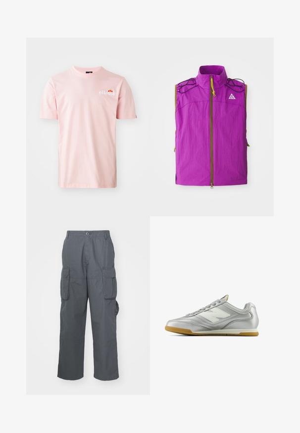 Lilla sansvarriga vest kõrge kraega, ees lukuga, mustade nööridega detailid õlgadel ja väikese valge kolmnurga logo rinna peal.; Heledat roosa puuvillane T-särk ümmarguse kaelusega, lühikeste varrukatega ja vasakul rinnal väikese brodeeritud logoga. Pehme tekstuur ja lihtne disain.; Tumed hallid cargo-püksid; sisaldavad mitmeid küljetaskuid, mugavat lõiget ja nööbiga kinnitust vöökoha juures.; Hõbedane spordijalats sileda, läikiva pinnaga, valge logo küljes, tekstuuriga hallid paelad ja kummist soe põhi.
