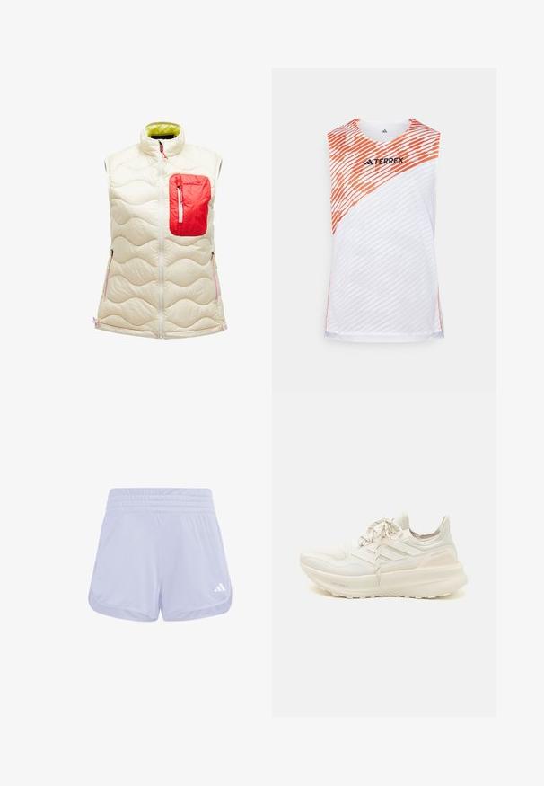 Gewatteerde mouwloze vest in ivoorkleur met een rode ritszak. Heeft een golfpatroon, een rits aan de voorkant en contrasterende groene voering. Accenten in roze.; Witte mouwloze sporttop met oranje diagonale strepen, gestructureerd oppervlak en het "TERREX" logo op de bovenkant van de voorkant.; Licht paarse sportshorts met een zachte textuur, elastische tailleband en een wit Adidas-logo op de rechteronderzijde.; Witte sportschoen met een gestructureerde bovenkant, drievoudig streepdessin, lichte demping en een split-kleuraccent bij de hiel. Lichte zooltechnologie.