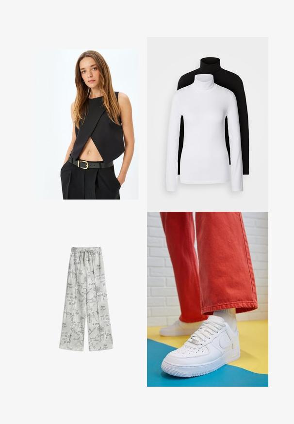 Top negro sin mangas con un diseño asimétrico de envoltura, que presenta una textura suave y un corte corto, combinado con pantalones negros de cintura alta y un cinturón con hebilla dorada.; Dos camisetas de manga larga de cuello alto, una blanca y otra negra, hechas de una tela suave y elástica, ambas con un diseño ajustado y cuellos altos.; Pantalones de pierna ancha en gris claro, hechos de una tela suave, con texto negro disperso y patrones gráficos por toda la prenda, con una cintura elástica y cordón.; Zapatilla de cuero blanco con caja de dedos perforada, suela texturizada y cordones blancos, combinada con pantalones rojos amplios y un fondo azul y amarillo.