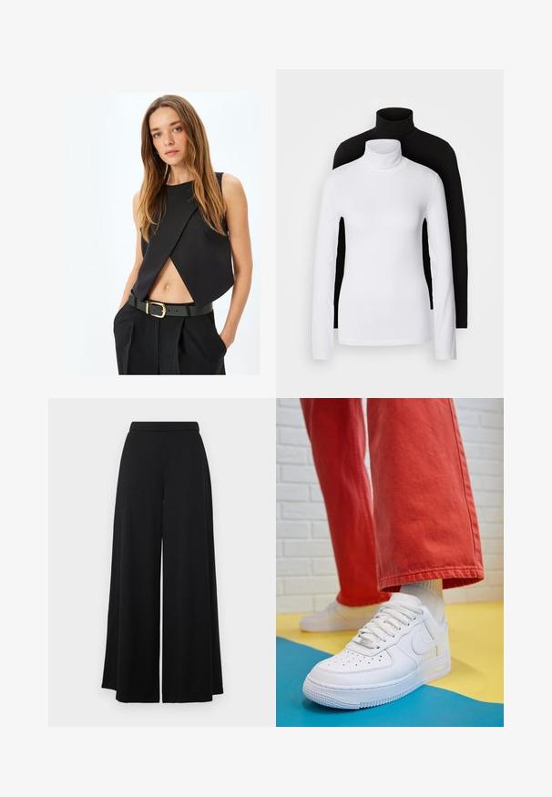 Schwarzes ärmelloses Oberteil mit asymmetrischem Wickeldesign, das eine glatte Textur und eine verkürzte Passform aufweist, kombiniert mit hochtaillierten schwarzen Hosen und einem Gürtel mit goldener Schnalle.; Zwei langärmelige Rollkragenoberteile, eines weiß und eines schwarz, aus einem glatten, dehnbaren Stoff, beide mit schmalem Schnitt und hohem Kragen.; Schwarze weit geschnittene Hosen mit flachem Bund. Hergestellt aus einem glatten, leichten Stoff, der eine fließende Silhouette bietet. Keine Taschen oder Verzierungen.; Weiße Leder-Sneaker mit perforiertem Zehenbereich, strukturiertem Sohlen und weißen Schnürsenkeln, kombiniert mit weiten roten Hosen und einem blauen und gelben Hintergrund.