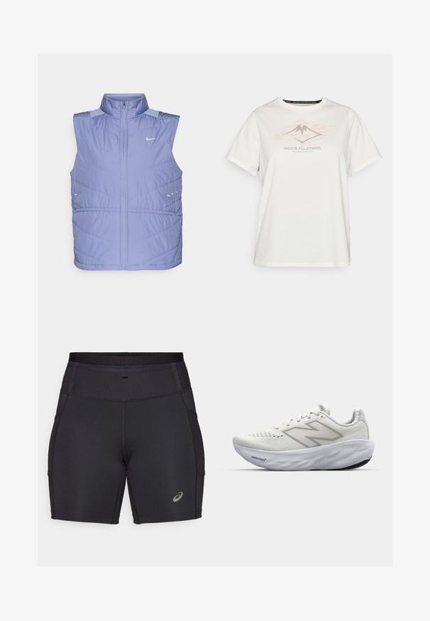 Gilet sans manches en duvet violet clair avec un col haut, fermeture éclaire et texture douce. Présente des motifs matelassés angulaires et des accents réfléchissants.; ASICS FUJITRAIL LOGO TOP - T-shirt de sport - cream; Shorts de sport noirs en tissu extensible. Dotés d'une taille haute à côtes et de poches latérales. Inclut un accent de logo réfléchissant.; Baskets de sport blanches avec une tige en mesh, dotées d'un col rembourré, d'une semelle texturée et du marquage "Fresh Foam" sur la semelle intermédiaire.