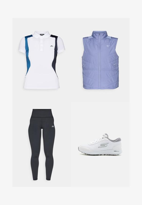 Svetlofialová bezrukávová páperová vesta s vysokým golierom, zipsom a jemnou textúrou. Obsahuje šikmé prešívané vzory a reflexné akcenty.; Biela polo košeľa s modrými a námorníckymi bočnými panelmi. Má golierový výstrih a krátke rukávy. Logo zobrazené na ľavej strane hrude.; Čierne vysoké športové legíny s priliehavým strihom, hladkou textúrou a malým bielym logom na ľavom boku.; Biele športové topánky s textúrovaným sieťovaným zvrškom, striebornými akcentmi a ľahkou podrážkou s malými trakčnými hrotmi, označené "ULTRA FLIGHT."