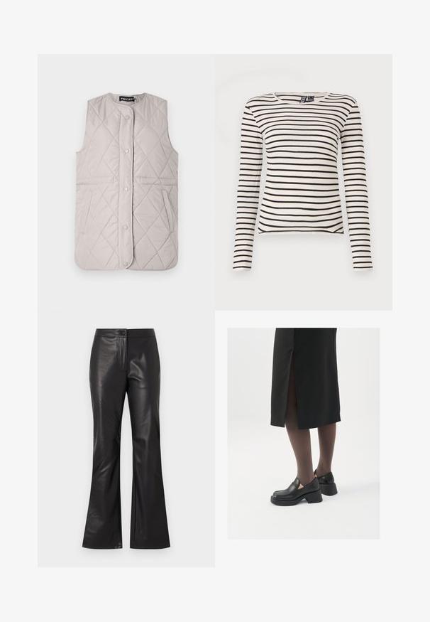 Svetlo siva quilted brezrokavnik z zaobljenim izrezom, s pritrdilnimi gumbi in stranskimi žepi; ima diamantno oblikovano šivanje po celotni površini.; Prugasta dolga majica z dolgimi rokavi v kremni in črni barvi. Ima rebrasto teksturo in okroglo izreza. Ravno dno z rahlimi stranskimi razpoki.; Črne usnjene hlače s širokimi hlačnicami in gladko teksturo, ki imajo sprednji zadrgo in gumbasto zapiranje. Oblikovanje je prilegajoče čez boke, na robu pa se razširi.; Črne usnjene čevlje s zaobljenim prstom, debelim blokastim petama in elastičnimi stranskimi detajli, v kombinaciji s temno nogavicami in črno krilo z razporkom.
