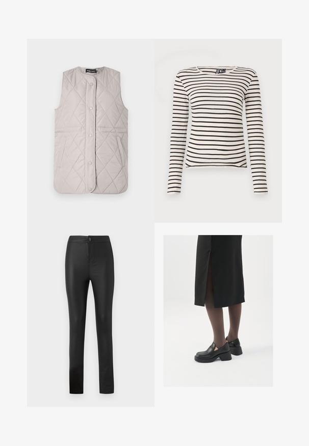 Colete acolchoado cinza claro com decote redondo, botões de pressão e bolsos laterais; apresenta costuras em forma de diamante por toda a peça.; T-shirt de manga longa listrada em creme e preto. Apresenta uma textura canelada e um decote redondo. Barra reta com pequenas fendas laterais.; Leggings pretas feitos de um material elástico e suave, com um design ajustado, apresentando um fecho frontal de botão e zíper, e pernas retas.; Sapatos de couro pretos com bico arredondado, salto bloco grosso e detalhes elásticos laterais, combinados com meias escuras e uma saia preta com uma abertura.