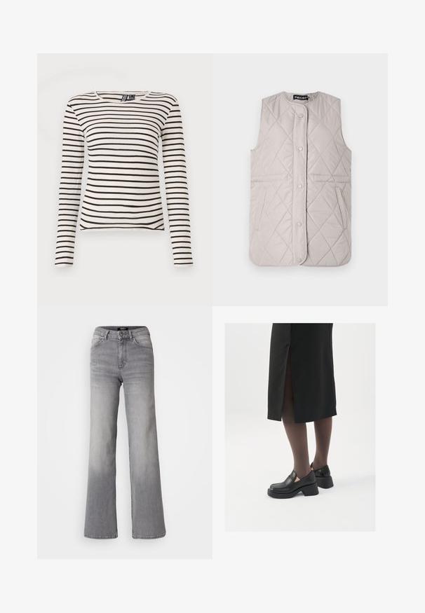 Gaiši pelēks kvilts bez piedurknēm ar noapaļotu dekoltē, spiedpogu aizdari un sānu kabatām; visā virsmā ir rombveida šuvumu raksts.; Svītrainā ilgiem piedurknēm augšdaļa krēmkrāsā un melnā krāsā. Ar ribotu struktūru un apaļo kakla izgriezumu. Taisna apakša ar viegliem sānu izgriezumiem.; Augsti vidukļa taisnas kājas pelēkas džinsa bikses ar priekšējo pogu un rāvējslēdzēju, priekšējām un aizmugurējām kabatām, kā arī izbalinātiem toņiem uz augšstilbiem un teļiem.; Melni ādas apavi ar noapaļotu purngalu, biezām bloku papēžiem un elastīgiem sānu akcentiem, apvienoti ar tumšām zeķubiksēm un melnu svārku ar šķirbu.