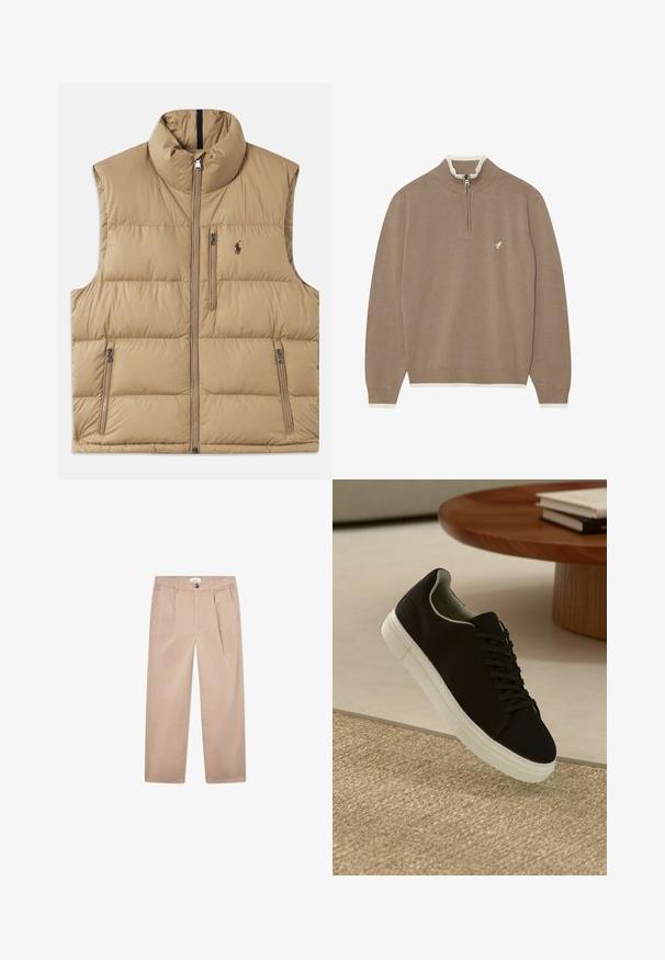 Béžová prešívaná vesta s vysokým golierom, predným zipsom a dvoma bočnými vreckami. Obsahuje prešívaný vzor a malé logo na hrudi.; Pier One Svetrík - 704 - beige; Khaki nohavice vyrobené z bavlny s rovnými nohavicami, s dvoma prednými vreckami, zapínaním na gombík a klasickým strihom.; Čierna teniska s bielou podrážkou plávajúca nad béžovým textúrovaným kobercom pri okrúhlom drevenom stole s hromadou kníh.