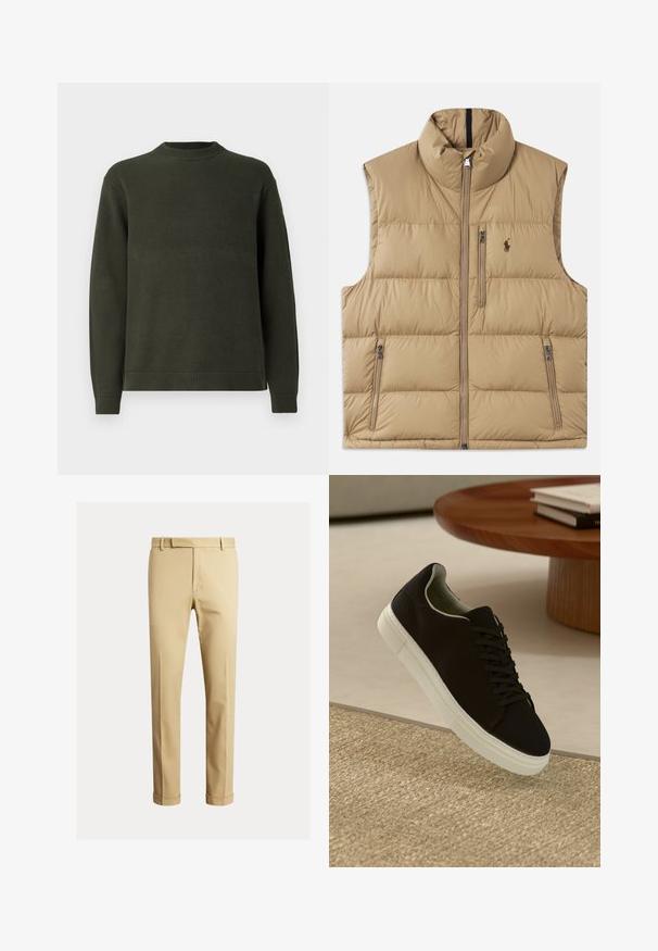Bež puffer-vest, mille kõrge krae, ees lukuga ja kahe küljetaskuga. Omab tepitud mustrit ja väikest logo rinnal.; Tume roheline kootud pika varrukaga kampsun ribidega ümar kaelus, mansetid ja alläär, esitatud lihtsal valgel taustal.; Khaki chinos, mis valmistatud siledast puuvillakangast, omavad kätkiva disaini, ees pleate ning pahkluul soonikuga, mis lisab kitsendatud ilmet.; Mustad musta tossuga valge tallaga, mis hõljub beeži tekstuuriga vaiba kohal, ümaral puidust laual, mille peal on kokku virnastatud raamatud.