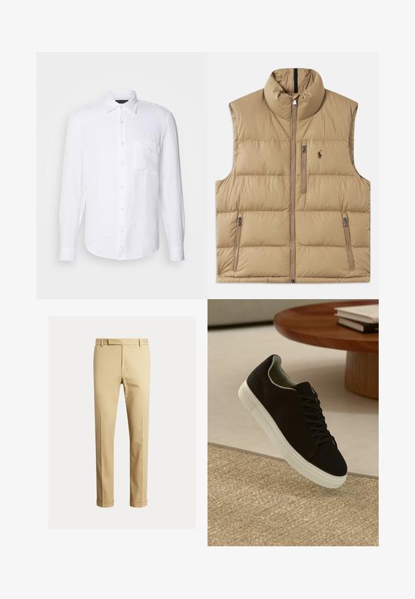 Beige puffer vest met een hoge kraag, een ritssluiting aan de voorkant en twee zijvakken. Heeft een gewatteerd patroon en een klein logo op de borst.; Witte lange mouwen shirt gemaakt van gestructureerd linnen, met een button-down kraag, een borstzak en beige knopen op een effen achtergrond.; Khaki chinos van soepele katoenstof, met een slank ontwerp, voorplooien en boorden bij de enkel voor een taps toelopende uitstraling.; Zwarte sneaker met witte zool die boven een beige gestructureerd tapijt zweeft, nabij een ronde houten tafel met gestapelde boeken.