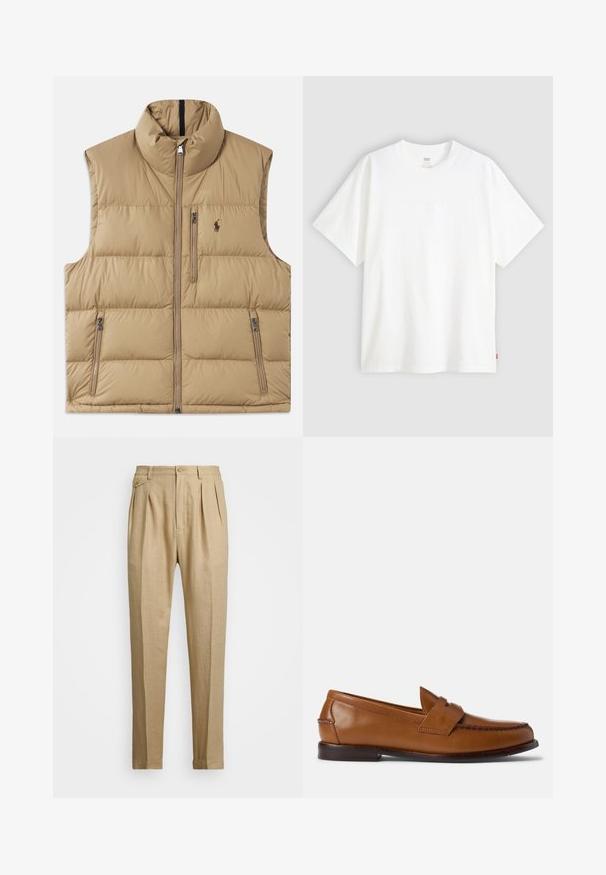 Bežs pufveste ar augstu apkakli, priekšējo rāvējslēdzēju un divām sānu kabatām. Tam ir kvadrātveida raksts un mazs logo uz krūtīm.; Balta īslaicīga T-krekla ar īsām piedurknēm, kas izgatavots no kokvilnas, ar apaļu kakla izgriezumu. Priekšpusē ir smalks reljefs ar logotipu un sarkans birka apakšmalā.; Bēšas lina bikses ar taisnu griezumu, ar divām priekšējām krokām, pogu aizdari un sānu kabatām. Strukturēta auduma virsma ar gludu apdari.; Brūni ādas loaferi ar platu zoli, noapaļotu purngalu un dekoratīvu šuvumu. Iespējas ietver šūtu detaļu augšpusē un gludu apdari.