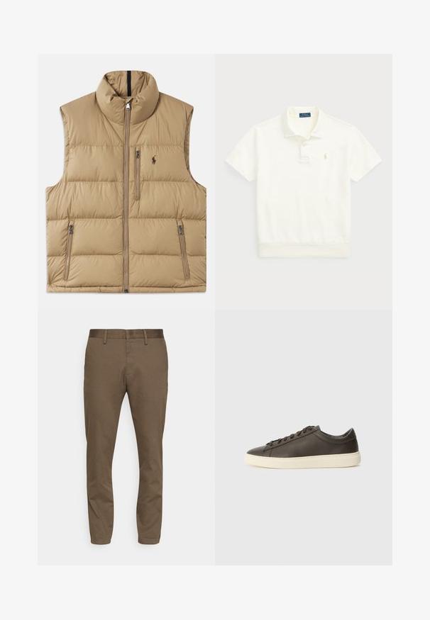 Bežinė pūkinė liemenė su aukštu apykakle, priekiniais užtrauktukais ir dviem šoninėmis kišenėmis. Yra siuvinėtas raštas ir mažas logotipas ant krūtinės.; Polo Ralph Lauren LOOPBACK FLEECE POLO-COLLAR SWEATSHIRT - Polo marškinėliai - clubhouse cream; Rudi, stilingi, tamprūs audinio šortai su siauru siluetu. Turi lygų juosmenį, diržo kilpas ir dvi priekinės kišenes.; Tamsiai rudos odos sportbačiai su tekstūruotu paviršiumi, balta guma padanga ir plokščiomis raištelėmis. Minimalistinis dizainas, be matomų logotipų.