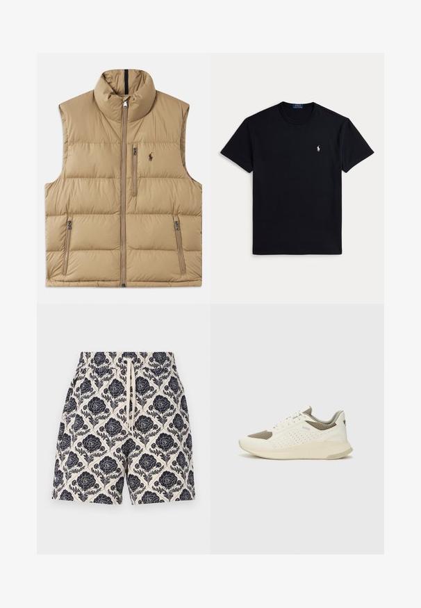 Beige puffer vest with a high collar, front zipper, and two side pockets. Features a quilted pattern and a small logo on the chest.; Black cotton t-shirt featuring a crew neckline, short sleeves, and a small embroidered logo on the left chest. Smooth texture.; Printed shorts in cream with a navy floral design, featuring an elastic waistband and drawstring, made from lightweight fabric.; White and light beige athletic sneaker, featuring a mesh upper, perforated detailing, and a textured midsole with branding on the heel.