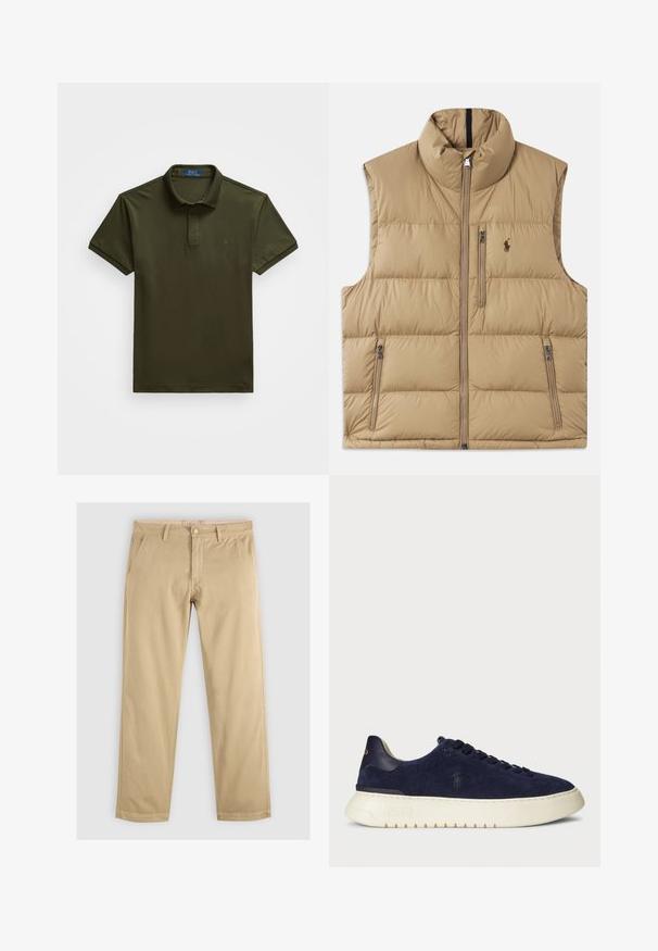 Gilet en duvet beige avec col haut, fermeture éclair frontale et deux poches latérales. Présente un motif matelassé et un petit logo sur la poitrine.; Polo shirt vert olive foncé en coton, avec un col, des manches courtes et un petit logo sur la poitrine. Design classique.; Chinos kaki avec une coupe droite, dotés de deux poches avant et d'une taille avec passants de ceinture. Fabriqués en coton doux et durable.; Baskets basses en suède bleu marine avec une surface texturée, semelle en caoutchouc et lacets ton sur ton, présentant un petit logo sur le côté et au talon.
