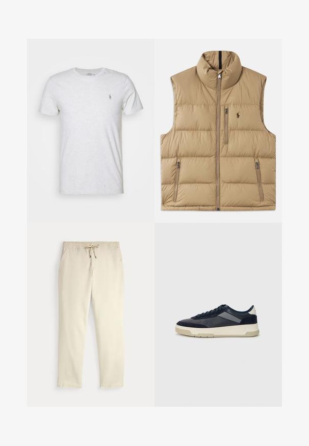 Colete acolchoado bege com gola alta, fecho frontal e dois bolsos laterais. Apresenta um padrão matelassé e um pequeno logótipo no peito.; T-shirt de algodão cinza claro com gola arredondada e mangas curtas. Apresenta um pequeno logótipo bordado no lado esquerdo do peito. Textura suave.; Calças casuais off-white com cintura elástica e cordão, pernas retas e bolsos laterais, contra um fundo liso.; BOSS BALTIMORE - Sapatilhas - open blue