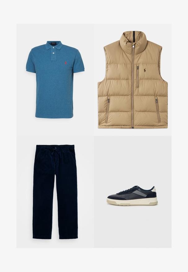 Beige puffer vest with a high collar, front zipper, and two side pockets. Features a quilted pattern and a small logo on the chest.; Blue polo shirt made of soft cotton, featuring a collared neck, three-button placket, short sleeves, and a small red logo on the chest.; Navy blue corduroy pants with a drawstring waist, featuring side pockets and a straight leg design. Soft texture with vertical ribbing.; BOSS BALTIMORE - Trainers - open blue