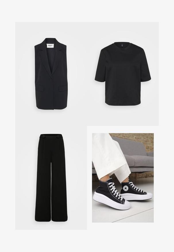 Blazer negru fără mâneci, realizat dintr-un material neted. Dispune de un rever tăiat, închidere cu un singur nasture și două buzunare frontale. Design minimalist.; Tricou negru cu gât rotund, din bumbac, cu mâneci scurte și o croială lejeră. Textură netedă, fără modele sau accente vizibile.; Pantaloni negri cu picioare largi, dintr-un material texturat, având două butoane mari la talie și pliseuri ascuțite pe partea din față.; Sneakers negre înalte din pânză, cu tălpi și șireturi albe din cauciuc. Prezintă un logo circular pe lateral și cusături albe în contrast.