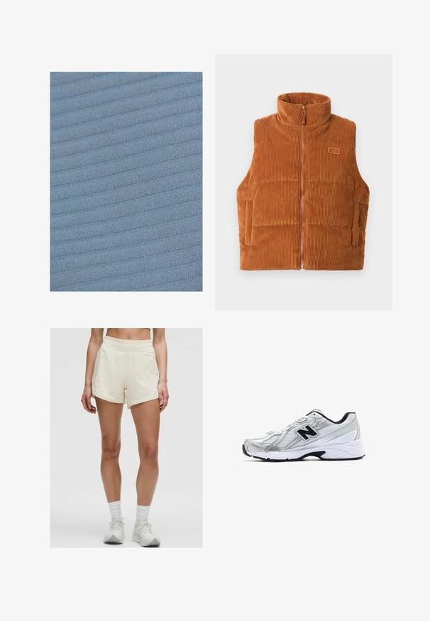 Vesta din catifea portocalie cu guler înalt, fermoar frontal și panouri cusute. Are un mic patch cu logo pe partea stângă.; Material textil de un mod bleu deschis, cu un model texturat, în formă de benzi. Suprafața prezintă linii moi, reliefate, care se întind orizontal pe întreaga zonă a materialului.; Șorturi sportive de culoare crem, cu un brâu elastic și buzunare laterale. Materialul pare neted și ușor, potrivit pentru îmbrăcăminte activă.; Adidași argintii de sport, din material mesh, cu accente negre, design perforat și o talpă albă căptușită. Prezintă un logo 'N' proeminent.