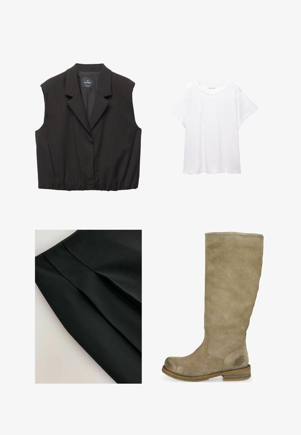 Schwarze ärmellose Blazer-Weste mit Reverskragen, Knopfverschluss, elastischem Saum und Pull&Bear-Label im Kragen.; Weißes T-Shirt aus weichem, leichtem Stoff. Mit runder Halslinie und kurzen, weit geschnittenen Ärmeln für einen lässigen Sitz. Keine sichtbaren Muster.; Schwarzer Rock mit Falten, aus einem glatten Stoff hergestellt. Verfügt über ein klares Design und eine strukturierte Oberfläche, die die Form und Struktur betont.; Beige Wildlederstiefel bis zum Knie mit abgerundetem Zehenbereich und strukturiertem Finish. Brauner Holzabsatz mit dezentem Logodetail nahe dem Knöchel.