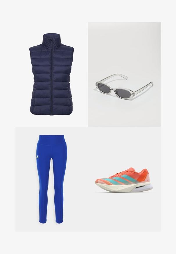 Tamno plava puffer prsluk s visokim ovratnikom, horizontalnim čuđenjem, prednjim zatvaranjem na patentni zatvarač i bez rukava. Lagani, izolirani materijal.; Skraćeni dukserica u svijetlosivoj boji, izrađena od mekanog materijala. Ima kapuljaču, šnalu i rebraste manžete. Glatka tekstura bez uzoraka.; Plava atletska majica kratkih rukava s okruglim izrezom; izrađena od lagane tkanine; sadrži bijeli Adidas logo na lijevom ramenu.; Plave atletske tajice s visokim strukom, izrađene od rastezljivog materijala, s bijelim logotipom na lijevom boku i suptilnim rubovima.; Tenisice za trčanje s prozračnom mrežicom u koraljnoj i akvamarin boji, sa tri pruge, podloženim đonom i elegantnim dizajnom.; Naočale u ovalnom obliku, okvir od prozirne plastike, tamno sivi leće i tanke prozirne ručke s logotipom i minimalnim detaljima.