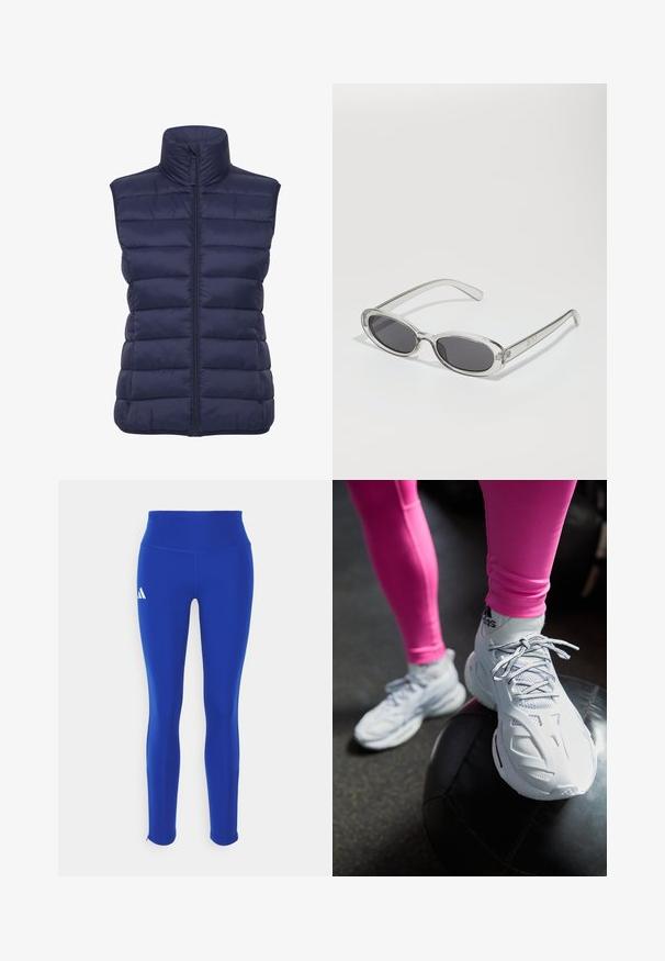 Navy blue puffer vest with high collar, horizontal quilted pattern, front zip closure, and no sleeves. Lightweight, insulated fabric.; Cropped hoodie in light gray, made of soft material. Features a hood, drawstring, and ribbed cuffs. Smooth texture with no patterns.; Blue short-sleeve athletic t-shirt with a round neckline; made of lightweight fabric; features a white Adidas logo on the left shoulder.; Blue athletic leggings featuring a high waistband, made from stretchy material, with a white logo on the left hip and discreet hems.; White athletic shoes with mesh and synthetic overlays, featuring laces, curved design, resting on a black medicine ball, against a dark background.; Sunglasses with an oval shape, clear plastic frame, dark gray lenses, and thin transparent arms featuring logo accents and minimal detailing.