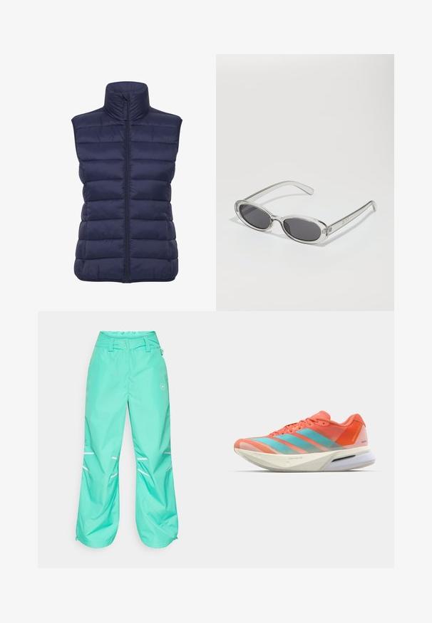 Marinblå pufferväst med hög krage, horisontellt quiltat mönster, framfickor med dragkedja och utan ärmar. Lättviktsmaterial med isolering.; Sportig hoodie i ljusgrått, tillverkad av mjukt material. Har huva, dragsko och ribbade manschetter. Slät yta utan mönster.; Blå kortärmad atletisk t-shirt med rund halsringning; tillverkad av lättviktsmaterial; har en vit Adidas-logotyp på vänster axel.; Turkosa vattentåliga byxor med en avslappnad passform, justerbar midja, reflexstripes och blixtlåsförsedda fållar för ökad funktionalitet.; Löparskor med övre i andningsbart mesh i korall och aqua, med tre ränder, en dämpad sula och en strömlinjeformad design.; Sunglasses med oval form, klar plastbygel, mörkgrå linser och tunna genomskinliga armar med logotypsaccent och minimalt detaljerad design.