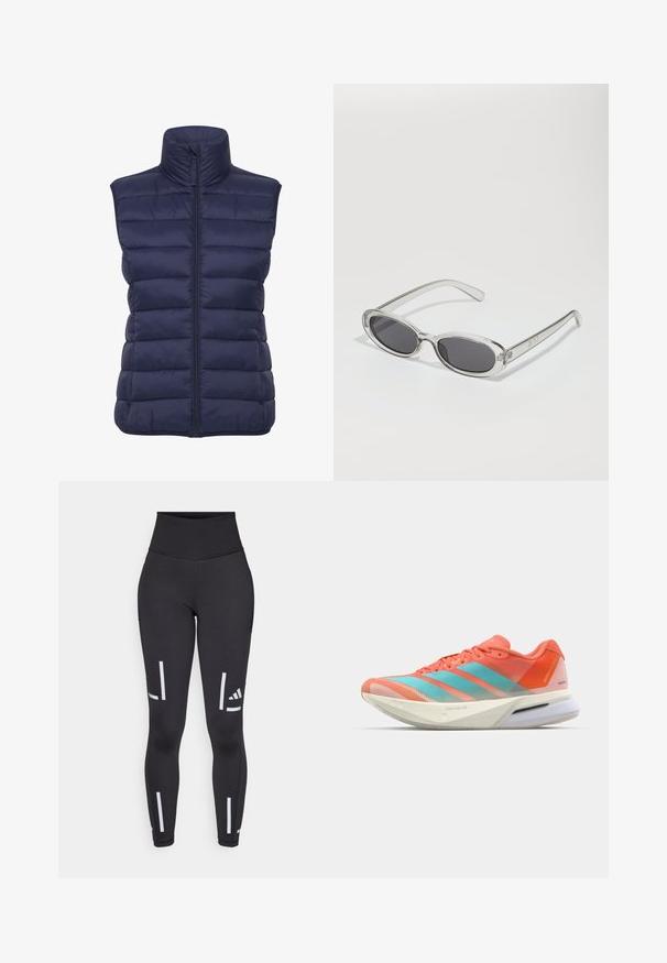 Marineblauer Puffer-Weste mit hohem Kragen, horizontalem Steppmuster, Frontreißverschluss und ohne Ärmel. Leichter, isolierter Stoff.; Gekürzter Hoodie in Hellgrau, aus weichem Material gefertigt. Verfügt über eine Kapuze, einen Kordelzug und gerippte Bündchen. Glatte Textur ohne Muster.; Blaues sportliches T-Shirt mit kurzen Ärmeln und rundem Halsausschnitt; aus leichtem Material; mit einem weißen Adidas-Logo auf der linken Schulter.; Schwarze Leggings mit hohem Bund, aus dehnbarem Material gefertigt. Verfügen über vertikale weiße Streifen und ein Logo in der Nähe des Knöchels und des Oberschenkels.; Laufschuh mit einem atmungsaktiven Mesh-Obermaterial in Koralle und Aqua, ausgestattet mit drei Streifen, einer gepolsterten Sohle und einem eleganten Design.; Sonnenbrille mit ovaler Form, klarem Kunststoffrahmen, dunkelgrauen Gläsern und dünnen transparenten Bügeln mit Logo-Akzenten und minimalen Details.