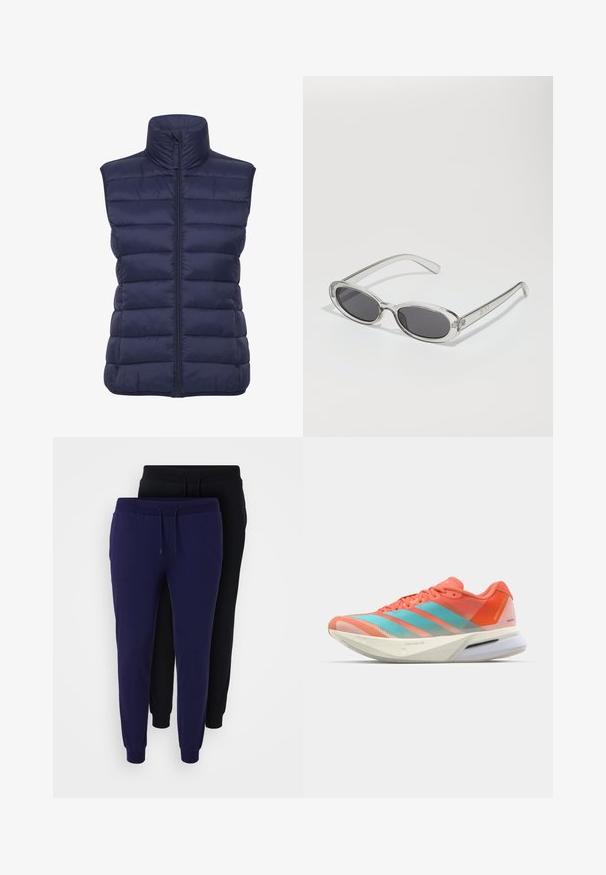 Marineblauer Puffer-Weste mit hohem Kragen, horizontalem Steppmuster, Frontreißverschluss und ohne Ärmel. Leichter, isolierter Stoff.; Gekürzter Hoodie in Hellgrau, aus weichem Material gefertigt. Verfügt über eine Kapuze, einen Kordelzug und gerippte Bündchen. Glatte Textur ohne Muster.; Even&Odd Curvy 2 PACK - Jogginghose - black/blue; Laufschuh mit einem atmungsaktiven Mesh-Obermaterial in Koralle und Aqua, ausgestattet mit drei Streifen, einer gepolsterten Sohle und einem eleganten Design.; Sonnenbrille mit ovaler Form, klarem Kunststoffrahmen, dunkelgrauen Gläsern und dünnen transparenten Bügeln mit Logo-Akzenten und minimalen Details.