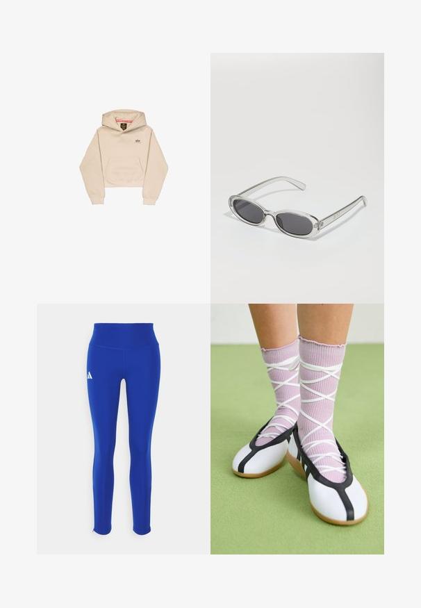 Tamsiai mėlynas pūkinis liemenė su aukštu apykakle, horizontaliu siuvinėjimo raštu, su užtrauktuku priekyje ir be rankovių. Lengvas, šiltas audinys.; Trumpas bežinis džemperis, pagamintas iš švelnios medžiagos, su priekiu kišene, kapišonu ir mažu logotipu krūtinėje. Lygus paviršius ir laisvas siluetas.; Mėlynos sportinės legging'os su aukštu liemeniu, pagamintos iš tamprios medžiagos, su balta logotipu ant kairiojo klubų ir diskretiškomis siūlėmis.; Balti plokšti batai su juodu apvadu ir padu, derinami su šviesiai violetinėmis raukšlėtomis kojinėmis, turinčiomis baltomis kryžminėmis juostelėmis. Nustatyti žaliame fone.; Akiniai nuo saulės ovalo formos, su skaidriu plastiko rėmu, tamsiai pilkais objektyvais ir plonomis skaidriomis šakėmis, dekoruotais logotipų akcentais ir minimaliais detalėmis.