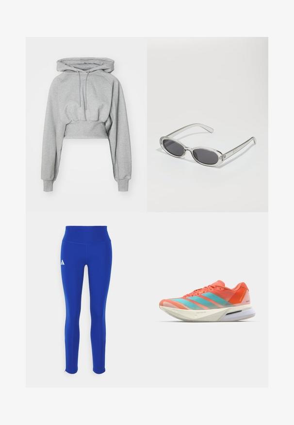 Námornícky modrá pufovaná vesta s vysokým golierom, horizontálnym prešívaným vzorom, predným zipsom a bez rukávov. Ľahký, izolačný materiál.; Strihaná mikina vo svetlo šedej farbe, vyrobená z mäkkého materiálu. Má kapucňu, šnúrku na stiahnutie a rebrované manžety. Hladký povrch bez vzorov.; Modrá športová tričko s krátkym rukávom a okrúhlym výstrihom; vyrobené z ľahkého materiálu; na ľavom ramene má biele logo Adidas.; Modré športové legíny s vysokým pásom, vyrobené z elastického materiálu, s bielym logom na ľavom boku a diskrétnymi lemami.; Bežecká obuv s priedušným sieťovaným zvrškom v koralovej a akvamarínovej farbe, s tromi pruhmi, mäkčenou podrážkou a elegantným dizajnom.; Slnečné okuliare oválneho tvaru, s priehľadným plastovým rámom, tmavošedými šošovkami a tenkými priehľadnými ramienkami s logovými akcentmi a minimálnym detailovaním.