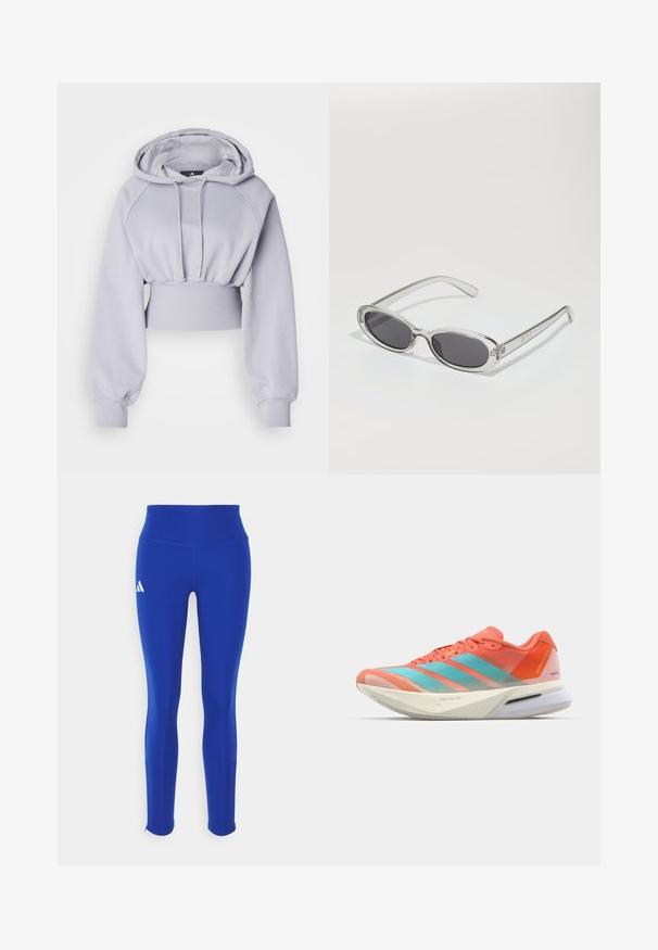 Marinblå pufferväst med hög krage, horisontellt quiltat mönster, framfickor med dragkedja och utan ärmar. Lättviktsmaterial med isolering.; adidas by Stella McCartney HOODIE - Luvtröja - glory grey; Blå kortärmad atletisk t-shirt med rund halsringning; tillverkad av lättviktsmaterial; har en vit Adidas-logotyp på vänster axel.; Blå atletiska leggings med hög midja, tillverkade av stretchigt material, med en vit logotyp på vänster höft och diskreta fållar.; Löparskor med övre i andningsbart mesh i korall och aqua, med tre ränder, en dämpad sula och en strömlinjeformad design.; Sunglasses med oval form, klar plastbygel, mörkgrå linser och tunna genomskinliga armar med logotypsaccent och minimalt detaljerad design.