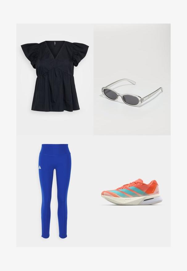 Navy blue puffer vest with high collar, horizontal quilted pattern, front zip closure, and no sleeves. Lightweight, insulated fabric.; Black cotton top featuring a V-neck, short puff sleeves, and gathered detailing at the waist for a loose, flowing fit.; Blue athletic leggings featuring a high waistband, made from stretchy material, with a white logo on the left hip and discreet hems.; Running shoe with a breathable mesh upper in coral and aqua, featuring three stripes, a cushioned sole, and a sleek design.; Sunglasses with an oval shape, clear plastic frame, dark gray lenses, and thin transparent arms featuring logo accents and minimal detailing.