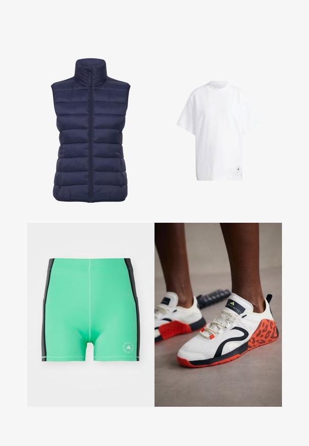 Tamno plava puffer prsluk s visokim ovratnikom, horizontalnim čuđenjem, prednjim zatvaranjem na patentni zatvarač i bez rukava. Lagani, izolirani materijal.; Bijela pamučna majica s kratkim rukavima, okruglim izrezom i opuštenim krojem. Značajna karakteristika: mali crni grafički logotip na rubu.; Zelene kupaće gaće s crnim bočnim detaljima, izrađene od rastezljivog materijala. Imaju logotip na donjoj desnoj strani i ravne šavove radi udobnosti.; Bijele sportske cipele s akcentom u crno-narančastom leopard uzorku. Imaju gornjište od teksturirane tkanine, gumeni potplat i sustav vezivanja.