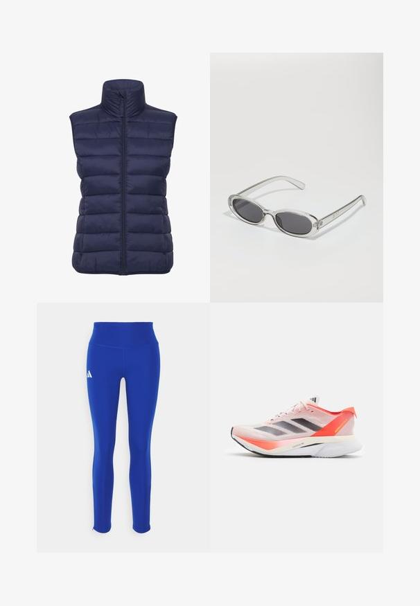 Navy blue puffer vest with high collar, horizontal quilted pattern, front zip closure, and no sleeves. Lightweight, insulated fabric.; Blue short-sleeve athletic t-shirt with a round neckline; made of lightweight fabric; features a white Adidas logo on the left shoulder.; Blue athletic leggings featuring a high waistband, made from stretchy material, with a white logo on the left hip and discreet hems.; adidas Performance ADIZERO BOSTON 12 - Road running shoes - sandy pink aurora met solar red; Sunglasses with an oval shape, clear plastic frame, dark gray lenses, and thin transparent arms featuring logo accents and minimal detailing.