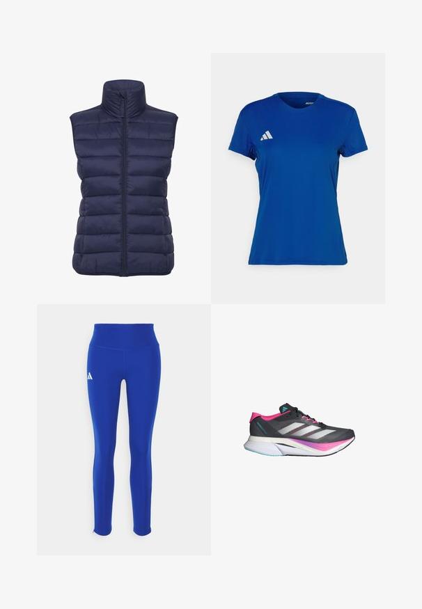 Gilet matelassé bleu marine avec col montant, motif matelassé horizontal, fermeture éclair sur le devant et sans manches. Tissu léger et isolant.; T-shirt de sport bleu à manches courtes avec un col rond ; fabriqué en tissu léger ; arbore un logo Adidas blanc sur l'épaule gauche.; Leggings de sport bleus avec une taille haute, fabriqués à partir d'un matériau extensible, avec un logo blanc sur la hanche gauche et des ourlets discrets.; Chaussure de course avec une tige en maille grise, des accents roses et des rayures blanches. Dispose d'une semelle rembourrée et d'un design aérodynamique élégant.