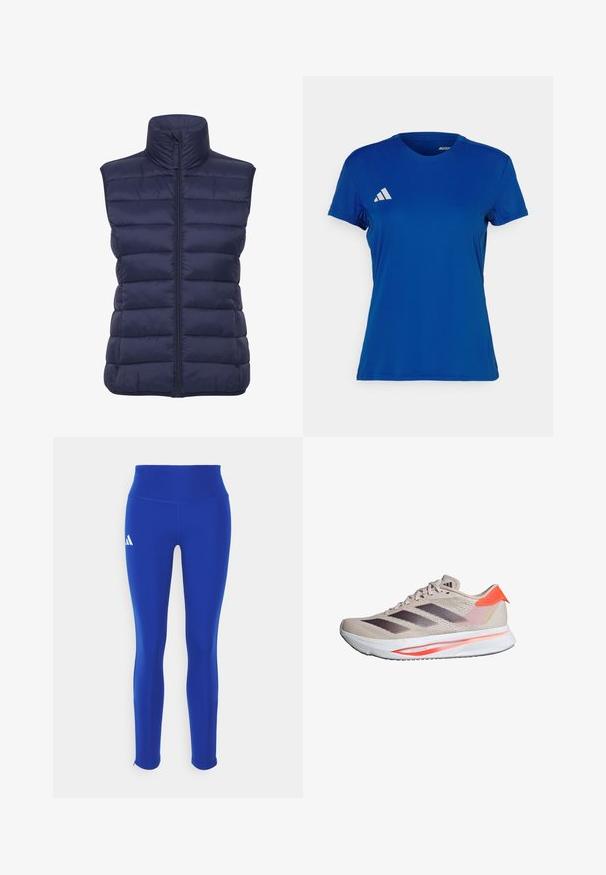 Marineblauer Puffer-Weste mit hohem Kragen, horizontalem Steppmuster, Frontreißverschluss und ohne Ärmel. Leichter, isolierter Stoff.; Blaues sportliches T-Shirt mit kurzen Ärmeln und rundem Halsausschnitt; aus leichtem Material; mit einem weißen Adidas-Logo auf der linken Schulter.; Blaue Sportleggings mit hohem Bund, aus dehnbarem Material, mit einem weißen Logo auf der linken Hüfte und unauffälligen Säumen.; Beiger und korallenfarbener Adidas-Laufschuh mit schwarzen Streifen, weißer Sohle und dem Schriftzug "ADIZERO SL" an der Ferse.