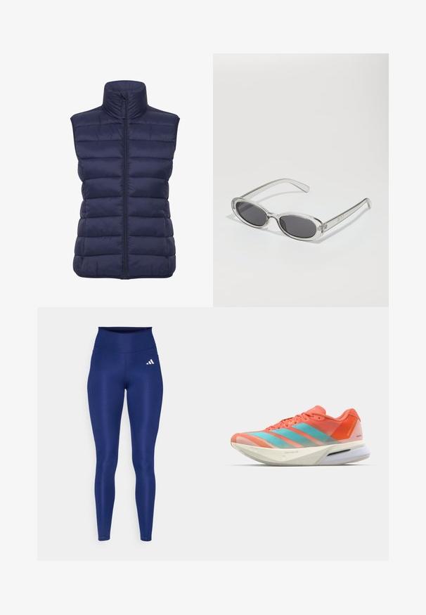 Marineblauer Puffer-Weste mit hohem Kragen, horizontalem Steppmuster, Frontreißverschluss und ohne Ärmel. Leichter, isolierter Stoff.; Blaues sportliches T-Shirt mit kurzen Ärmeln und rundem Halsausschnitt; aus leichtem Material; mit einem weißen Adidas-Logo auf der linken Schulter.; Marineblaue Leggings aus elastischem Material mit einem hohen Bund. Verfügt über ein weißes Adidas-Logo auf dem linken Oberschenkel.; Laufschuh mit einem atmungsaktiven Mesh-Obermaterial in Koralle und Aqua, ausgestattet mit drei Streifen, einer gepolsterten Sohle und einem eleganten Design.; Sonnenbrille mit ovaler Form, klarem Kunststoffrahmen, dunkelgrauen Gläsern und dünnen transparenten Bügeln mit Logo-Akzenten und minimalen Details.