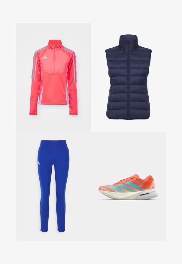 Navy blue puffer vest with high collar, horizontal quilted pattern, front zip closure, and no sleeves. Lightweight, insulated fabric.; Pink athletic pullover jacket with a high collar, zippered neck, and gray side stripes. Features structured seams and a fitted design.; Blue athletic leggings featuring a high waistband, made from stretchy material, with a white logo on the left hip and discreet hems.; Running shoe with a breathable mesh upper in coral and aqua, featuring three stripes, a cushioned sole, and a sleek design.
