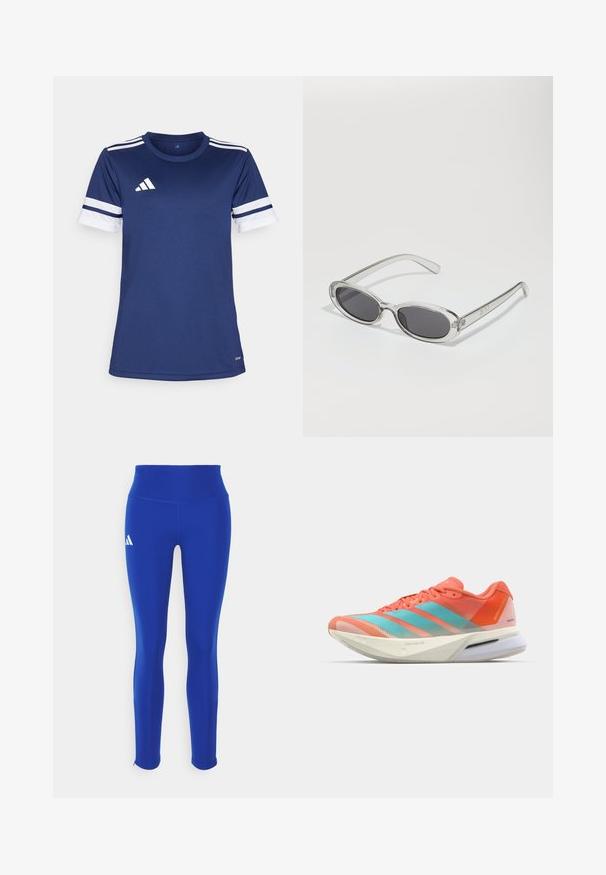Tamno plava puffer prsluk s visokim ovratnikom, horizontalnim čuđenjem, prednjim zatvaranjem na patentni zatvarač i bez rukava. Lagani, izolirani materijal.; Mornarsko plava atletska majica napravljena od sintetičkog materijala. Ima bijele pruge na rukavima i adidas logo na prsima. Kratki rukavi, okrugli izrez.; Plave atletske tajice s visokim strukom, izrađene od rastezljivog materijala, s bijelim logotipom na lijevom boku i suptilnim rubovima.; Tenisice za trčanje s prozračnom mrežicom u koraljnoj i akvamarin boji, sa tri pruge, podloženim đonom i elegantnim dizajnom.; Naočale u ovalnom obliku, okvir od prozirne plastike, tamno sivi leće i tanke prozirne ručke s logotipom i minimalnim detaljima.