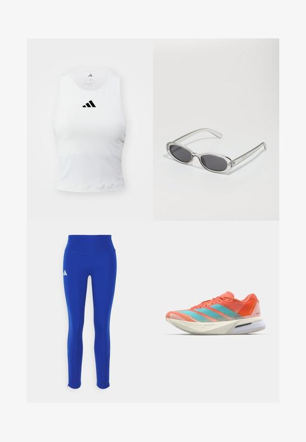 Navy blue puffer vest with high collar, horizontal quilted pattern, front zip closure, and no sleeves. Lightweight, insulated fabric.; White athletic tank top with a fitted design, featuring a black Adidas logo centered on the chest and soft, moisture-wicking fabric.; Blue athletic leggings featuring a high waistband, made from stretchy material, with a white logo on the left hip and discreet hems.; Running shoe with a breathable mesh upper in coral and aqua, featuring three stripes, a cushioned sole, and a sleek design.; Sunglasses with an oval shape, clear plastic frame, dark gray lenses, and thin transparent arms featuring logo accents and minimal detailing.