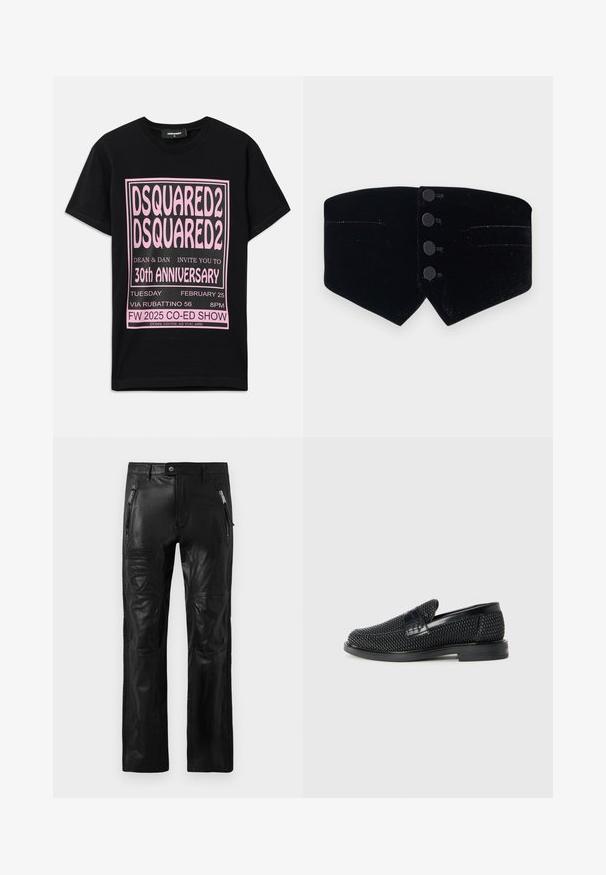 Čierny zamatový golier s priliehavým strihom. Obsahuje štyri čierne gombíky a diagonálny strih, doplnený o jemný lesk a dve malé vrecká.; Čierne bavlnené tričko s veľkým ružovým grafickým textom. Dizajn obsahuje podrobnosti o udalosti v rôznych veľkostiach písma a dodatočné informácie na spodnej strane.; Čierne kožené nohavice s prednými zipsovými vreckami, pútkami na opasok, prešitými kolenami a embosovanými nášivkami značiek Ducati a Dsquared2 na stehne.; Čierne tkané slip-on topánky s hladkým koženým akcentom na vrchnej časti, s okrúlym dizajnom špičky a nízkoprofilovou gumovou podrážkou.