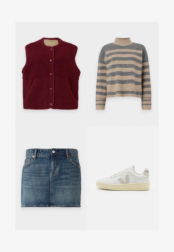 Bordový bezrukávový fleecový vest s patentkami na prednej strane a dvoma prednými vreckami, okrúhly dekolt.; Prúžkovaný pletený sveter s šedými a béžovými farbami, vysokým golierom, širokými manžetami a voľným strihom s krátkym dizajnom.; Džínsová mini sukňa v tmavomodrej farbe s dizajnom piatich vreciek, s gombíkovým zapínaním a viditeľnými švovými detailmi. Hladká textúra s miernym vyblednutím.; Biele kožené tenisky s béžovými semišovými akcentmi, perforovanou špičkou, plochými šnúrkami a textúrovanou krémovou podrážkou. Obsahujú jemné označenie na päte.