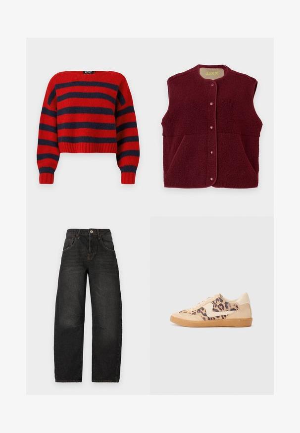 Gilet sans manches en polaire bordeaux avec des boutons-pression sur le devant et deux poches avant, encolure ronde.; Pull crop rayé rouge et navy avec un ourlet côtelé et des manches longues, fabriqué en matière tricot douce. L'étiquette indique "ONLY."; Jeans noirs en denim avec une coupe droite, cinq poches, coutures visibles et une fermeture à bouton sur le devant. Tissu texturé avec un léger effet délavé.; Baskets en imprimé léopard avec tige en suède beige, semelle en caoutchouc tan et accents blancs. Bout rond et design à lacets avec une finition texturée.