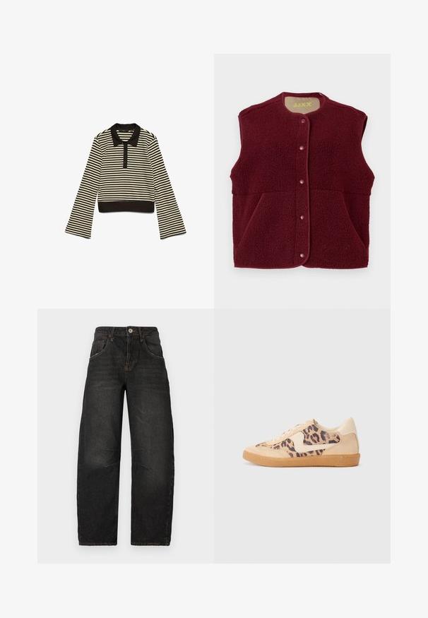 Burgundia ilma varrukat fleece vest, millel on eest nööbid ja kaks eesmist taskut, ümar kaelus.; Must ja beež horisontaalset triipu omav pika varrukaga polo-särk musta krae ja nööbiplakiga, lamab tasapinnal valge tausta peal.; Mustad denim teksad, sirge säärega, viietaskulise disainiga, nähtava õmblusega ja esise nupulehega. Kergelt foneeritud ja tekstuuriga kangas.; Leopardi mustriga tossud, millel on beež sueded ülemine osa, pruuni kummist põhi ja valged aktsendid. Ümar nina ja lipsukujundus, millel on tekstureeritud viimistlus.