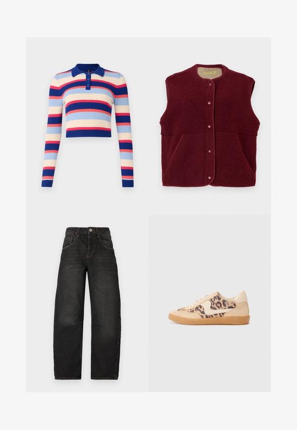 Gilet senza maniche in pile bordeaux con bottoni a pressione sul davanti e due tasche frontali, scollatura rotonda.; Maglione polo a costine, corto e con maniche lunghe, caratterizzato da righe orizzontali nei colori blu, crema, rosa e rosso. Chiusura con quattro bottoni al colletto.; Jeans in denim nero con design a gamba dritta, cinque tasche, cuciture a vista e chiusura frontale con bottone. Tessuto testurizzato con leggera scoloritura.; Sneakers in stampa leopardata con parte superiore in suede beige, suola in gomma color caramello e dettagli bianchi. Punta rotonda e design con lacci, con una finitura testurizzata.